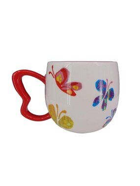 Starbucks Butterfly Handle Cup Mug 2007 Pink Interior Red Handle White Body 10 o